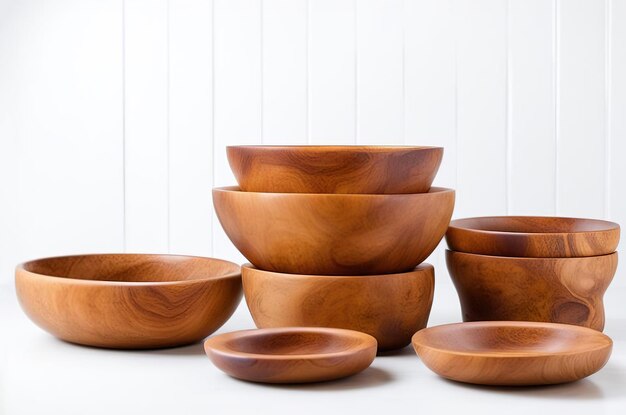 Фото Ассортимент деревянных тарелок, посуды, кухонной посуды на деревянном фоне