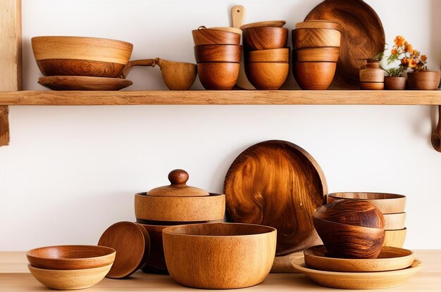Фото Ассортимент деревянных тарелок, посуды, кухонной посуды на деревянном фоне