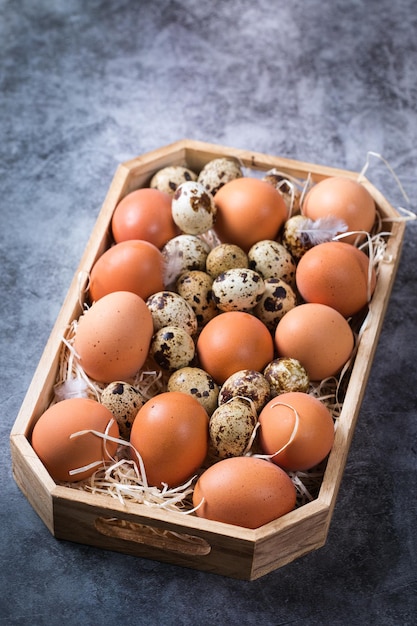 Assortment of organic fresh chicken and quail eggs