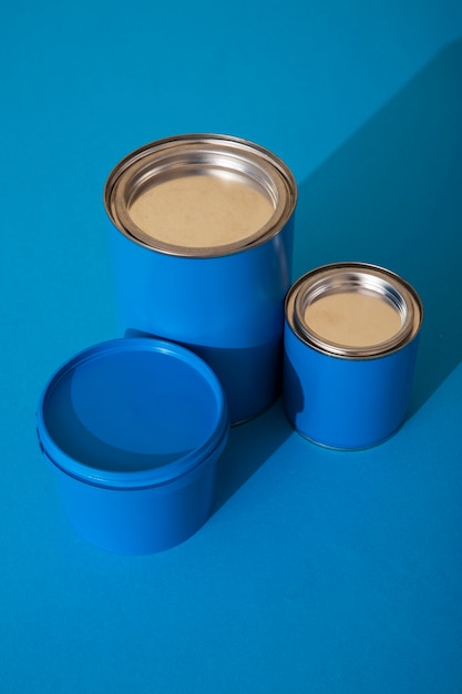 Assortment of painting items with blue paint