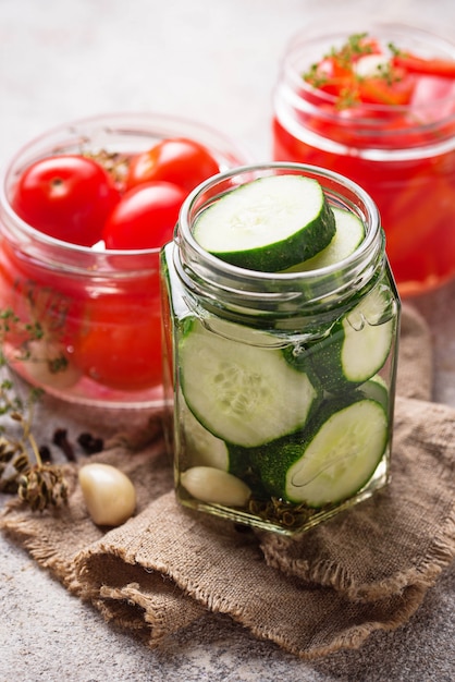 Assortment of pickled vegetable in jars