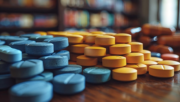 Foto un assortimento di pillole su un tavolo di legno con una biblioteca sullo sfondo