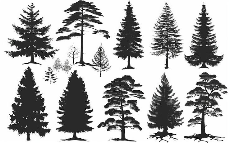 Photo an assortment of pine trees for sticker and decoration use as well as cutting and printing