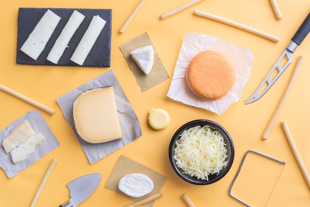 Assortment of quality cheese top view