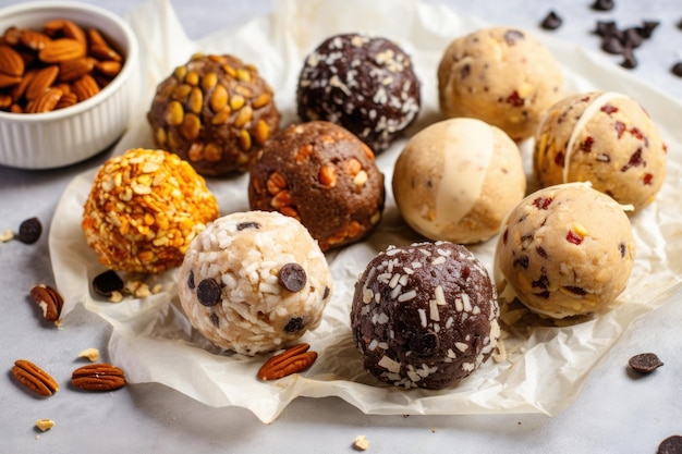 Assortment of raw cookie dough balls on parchment paper