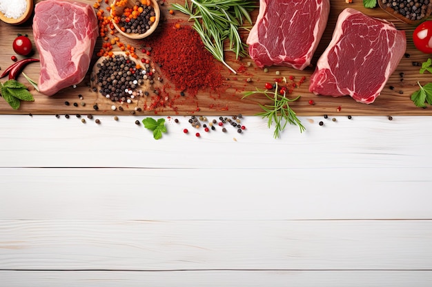 Assortment of raw meat on wooden table with vegetables greens and sprinkled with spices