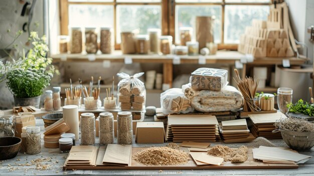 An assortment of recycled paper packaging on a crafting table