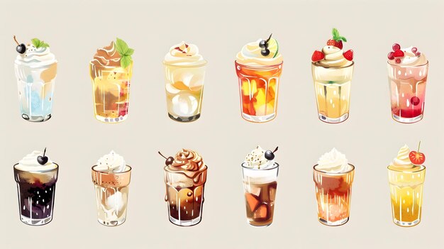 Photo assortment of refreshing alcoholic and non alcoholic beverage cocktails in glasses