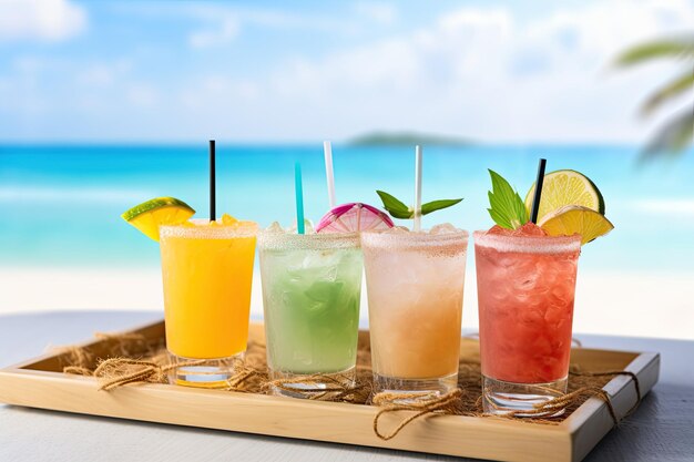 An assortment of refreshing alcoholic summer cocktails arranged on a woven tray set against a backd