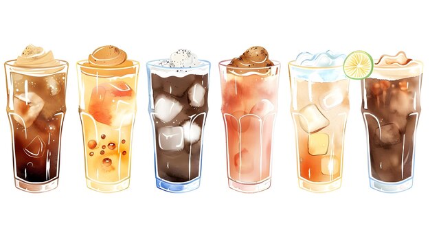 Photo assortment of refreshing cold beverage drinks in glasses with ice citrus slices and straws