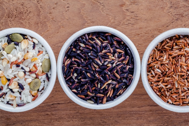 Assortment of rice in ceramic bowl.