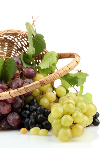 Photo assortment of ripe sweet grapes in basket isolated on white