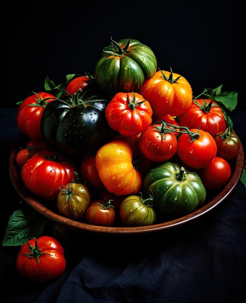 An assortment of ripe tomatoes on a dark ceramic plate highlighting their natural freshness