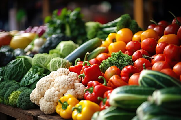 Ассортимент созревших овощей на прилавке рынка