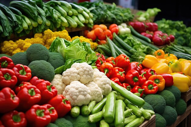 市場のカウンターに並ぶ熟した野菜の品揃え
