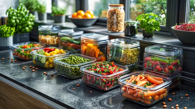 Assortment of salads in plastic boxes on a black background top view