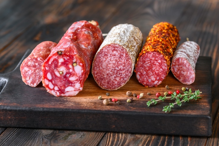 Photo assortment of salami on the wooden board
