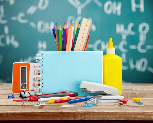 Assortment  of School supplies on  background