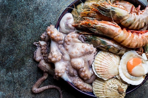 Assortment of seafood with raw fresh octopus, scallops and prawns, as an gourmet dinner background