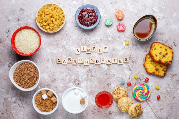 Assortment of simple carbohydrates food, top view