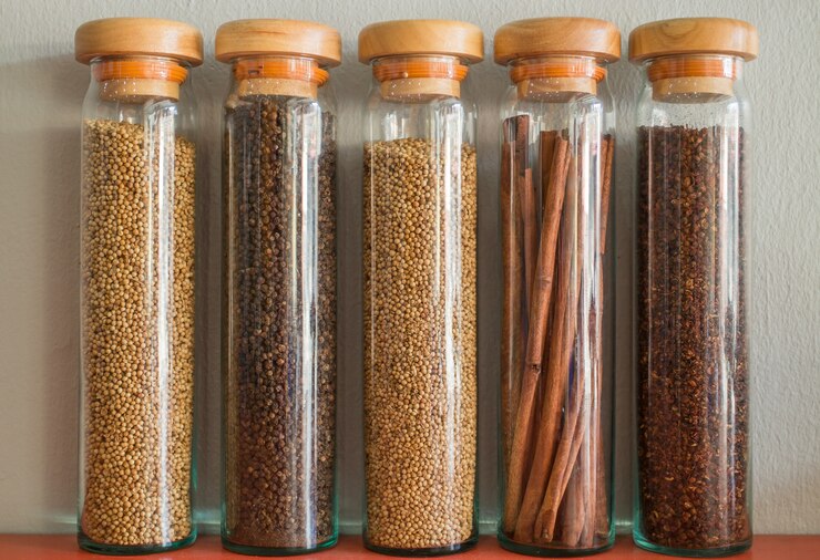 Assortment of spices in glass bottles