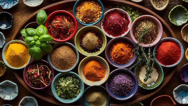 Assortment of spices and herbs in bowls