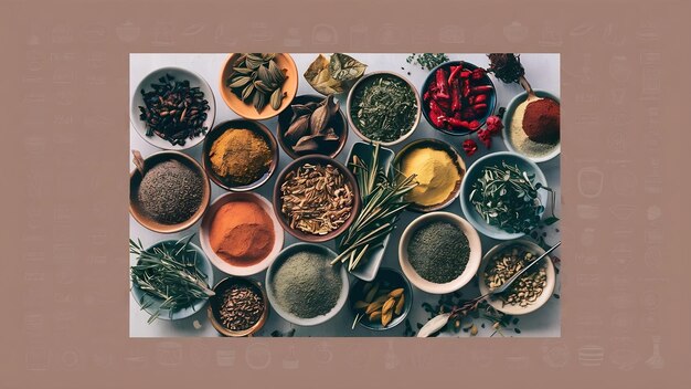 Assortment of spices and herbs in bowls