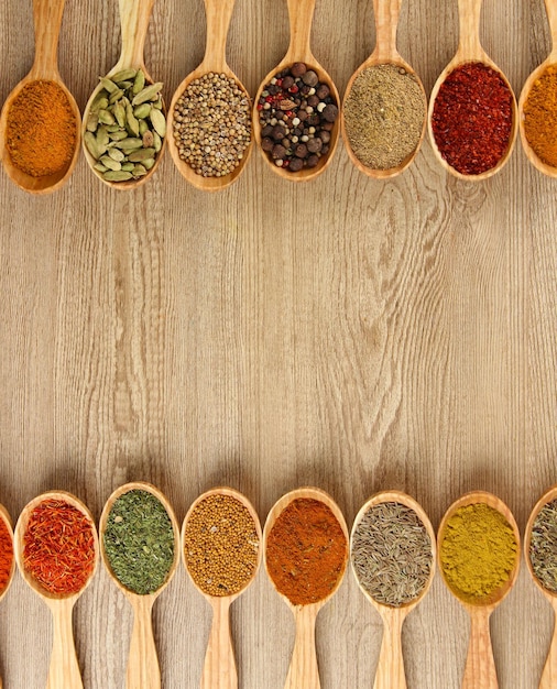 Assortment of spices in wooden spoons on wooden background