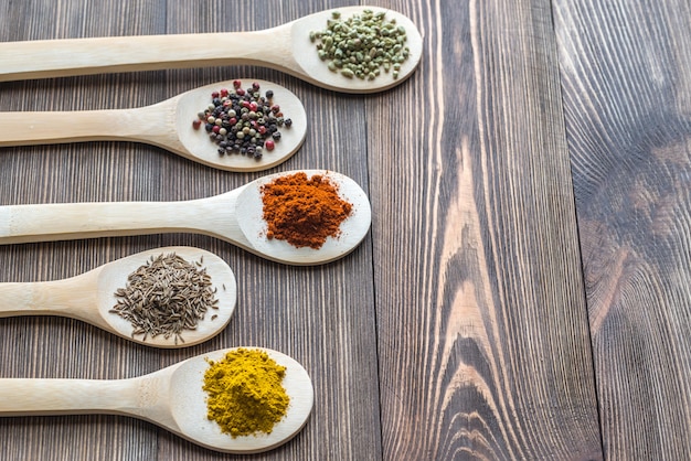 Assortment of spices on the wooden spoons