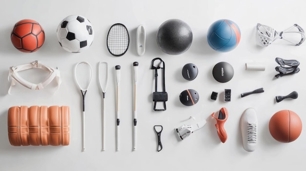 An Assortment of Sports Equipment and Accessories Arranged on a White Background Premium AI generated image