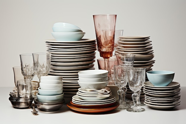 An assortment of stacked clean dishes consisiting isolated on white background