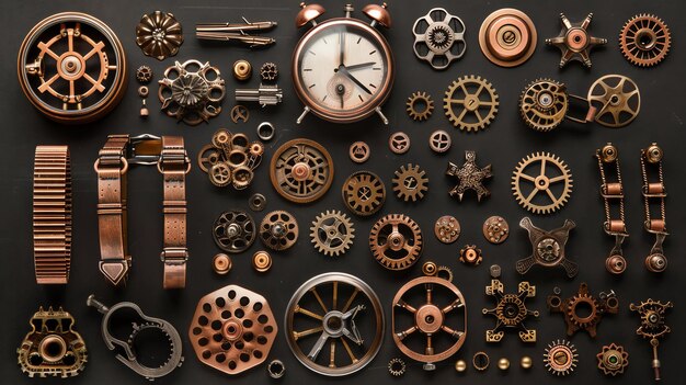 An assortment of steampunk style metal gears cogs and watch parts on a black background