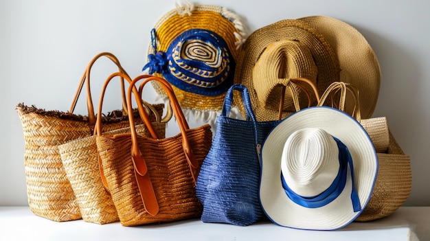 Assortment of straw hats and woven bags