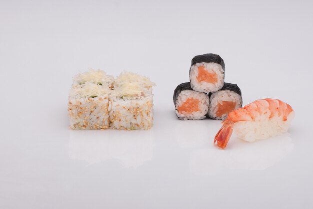 Assortment of sushi on a white background