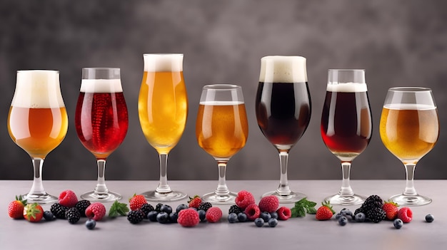 灰色の背景に並ぶさまざまなグラスに入った甘いビールの品揃えクラフトビールチェリークリークやベルジンエールなど、さまざまな種類のフルーツビールのセット生成AI