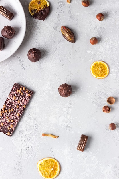 Assortment of sweet confectionery with chocolate candies and pralines.