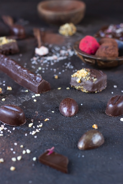 Assortment of sweet confectionery with chocolate candies and pralines