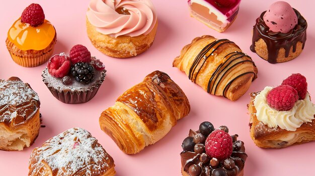 Photo an assortment of sweet pastries on a pink background