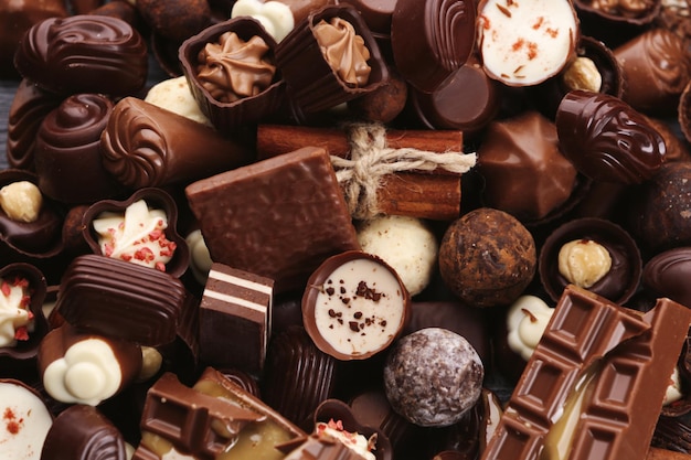 Assortment of tasty chocolate candies and cinnamon closeup