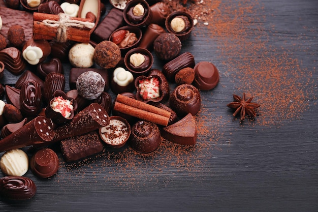 Ассортимент вкусных шоколадных конфет и корицы на фоне деревянного стола