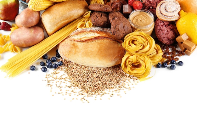 Assortment of tasty food on white background closeup