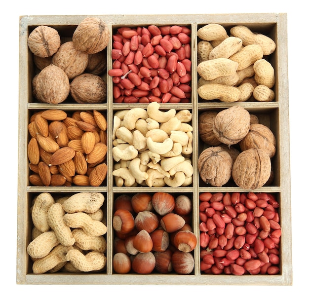 Assortment of tasty nuts in wooden box isolated on white