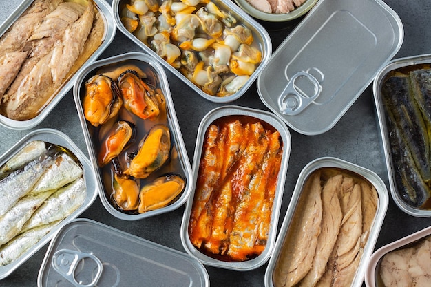 Assortment of Tinned fish canned food ready for date night