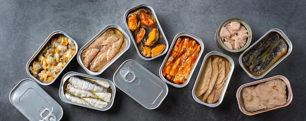 Assortment of Tinned fish canned food ready for date night