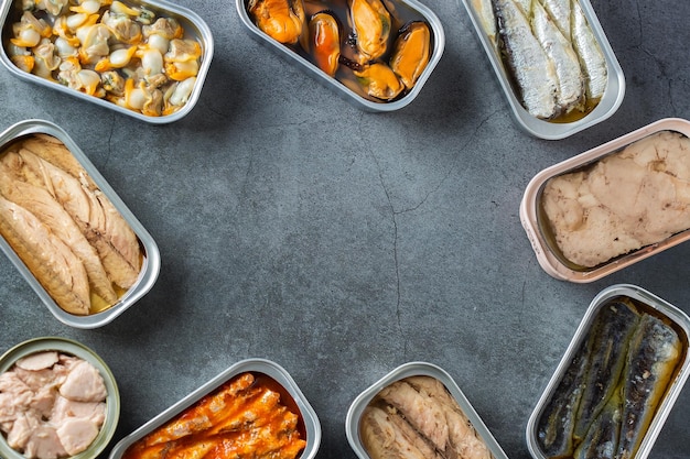 Assortment of Tinned fish canned food ready for date night