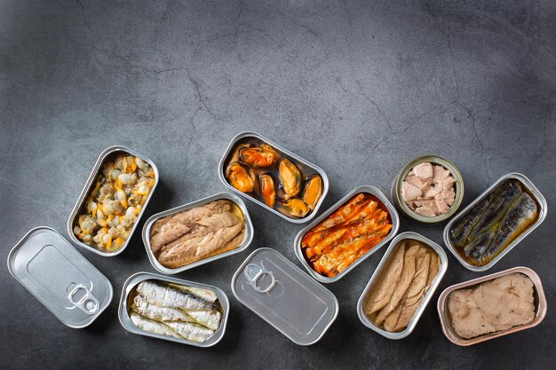 Assortment of Tinned fish canned food ready for date night