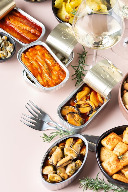 Assortment of Tinned fish canned food ready for date night