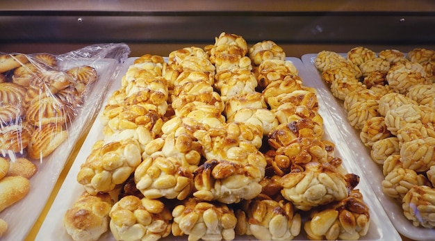 Assortment of traditional sweets in the store in Toledo, Spain.