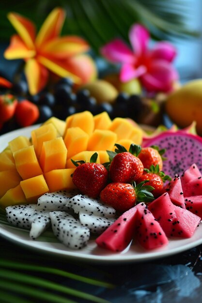 Photo assortment of tropical fresh fruits on a plate