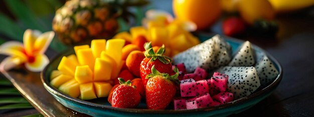 Assortment of tropical fresh fruits on a plate